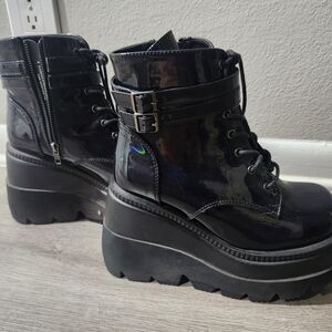 Demonia Black Patent Platform Lace-Up Ankle Boots with Buckle Straps